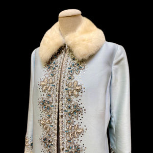 60’s “Jackie Kennedy Style” Full length Opera Gown Coat in Light Blue Hand Beaded Crystal and Ermine Mink Trim