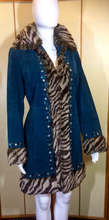 Load image into Gallery viewer, Teal Blue Suede Jeweled Afghan Coat- Tiger Faux Fur Faux Shearling 70s Penny Lane Almost Famous S/M Boho Hippie Hippy Russian Princess