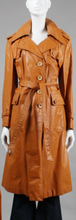 Load image into Gallery viewer, 70&#39;s Butterscotch Leather Spy Trench Coat Montgomery Ward Highly Detailed Large Rare Size Hippy Chic