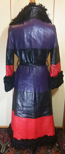 70S Christian Dior Couture Leather Curly Mongolian Lamb Purple Red Horizontal Leather Coat Full Length Hippy Boho Penny Lane Princess