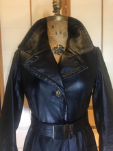 Load image into Gallery viewer, 60s Black Leather Mod Coat- Chic Minimalist Belt Belted Gold Buttons Fit Flare Jackie Kennedy Chic Soft Leather XS S Petite