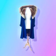 Load image into Gallery viewer, 40’s Vintage Cobalt Blue Fit Flare “New Look” Princess Full Skirt Coat with Massive Shearling Mouton Ombré Collar