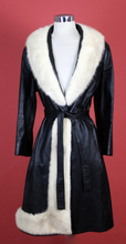 Load image into Gallery viewer, Piano Key Black Leather Trench with Cream Azurene Mink Asymmetrical Trimmed Coat 60s 70s Mod Hippy Pane Lane Almost Famous S/M/L