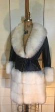 Load image into Gallery viewer, 60s Mod Black Leather Coat and White Sheep Shearling Princess XS/S Penny Lane Almost Famous Boho Mod