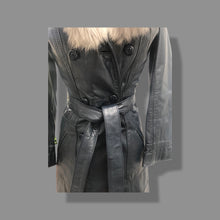 Load image into Gallery viewer, 70’s Spy Trench Leather Coat with Removable Shearling Collar Dark Blue