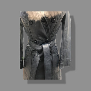 70’s Spy Trench Leather Coat with Removable Shearling Collar Dark Blue