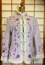 Load image into Gallery viewer, Pink Suede Embroidered Floral Hippy Penny Lane Coat 90's does 70's Coat Toggle Closures M/L Almost Famous Afghan Boho Shearling Fleece