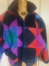 Load image into Gallery viewer, 80s 90s Suede Geometric Patchwork Leather Short Jacket Coat Harlequin Rainbow Purple S/M/L