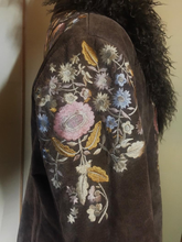 Load image into Gallery viewer, Penny Lane Boho Embroidered Suede Curly Mongolian Lamb Coat Plus Size or Extra Roomy L/XL Almost Famous Pink Floral Flowers Hippy Princess