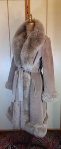 Women's Vintage Coat- 70s Gray Suede Shearling Princess Fluffy Penny Lane Russian Princess Fit and Flare Coat Boho Chic Hippy afghan