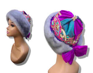 Himalayan Hat Sapphire Mink in raw silk Pink Blue Embroidered Gift Fall Winter