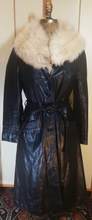 Load image into Gallery viewer, 70s Black Leather and Silver Fox Fur Collar Trench Spy Coat S/M Fit and Flare Princess