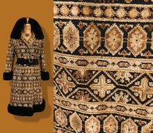 Load image into Gallery viewer, 60’s 70’s Tapestry Carpet Coat Hippy Russian Princess Natural Colors Gold Beige Coffee Tone with Shearling Trim Boho Chic Penny Lane