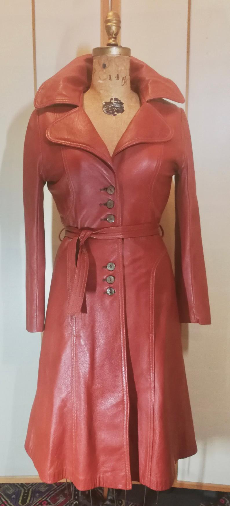 Rust Orange Cognac Color Soft Kid Leather Princess Fit and Flare Trench Spy Coat Wide Collar Classic 70s Small Petite