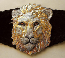 Load image into Gallery viewer, Vintage 80s Lion Belt with Real Swarovski Crystals Made in Austria Henry Bijoux Paris Hand Made Suede Black Small Jeweled Thick Cinch Glam