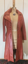 Load image into Gallery viewer, Rust Orange Cognac Color Soft Kid Leather Princess Fit and Flare Trench Spy Coat Wide Collar Classic 70s Small Petite