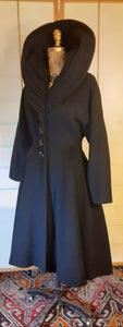 Women's Vintage Coat-50s Lilli Ann Classic Black Fit Flare Dramatic Collar Thick Wool Full Skirted Princess Price: