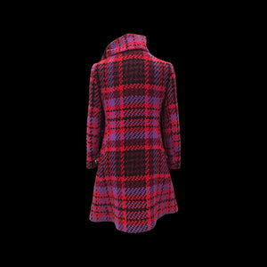 60’s Coat Pink Purple Red Plaid Thick Woven Wool Attached Scarf