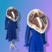 Load image into Gallery viewer, 40’s Vintage Cobalt Blue Fit Flare “New Look” Princess Full Skirt Coat with Massive Shearling Mouton Ombré Collar