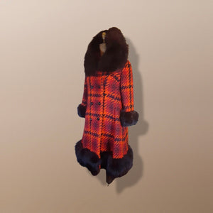 60’s Scottish Knit Plaid Red LIlli Ann Coat with Fox Fur Trim