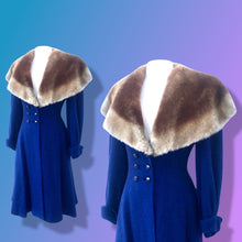 Load image into Gallery viewer, 40’s Vintage Cobalt Blue Fit Flare “New Look” Princess Full Skirt Coat with Massive Shearling Mouton Ombré Collar