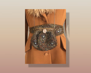 60’s Caramel Lilli Ann Shearling Fit and Flare Princess Coat with Belt Clutch Purse Set Beaded