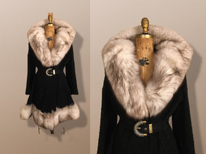 60’s Vintage Black Karakul Persian Lamb and Silver Fox Fur Princess Coat Fit Flare Swarovski Crystal Belt