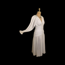 Load image into Gallery viewer, 80’s does 20’s Art Deco Chiffon Beaded Dress in Pearl Gray Fitted Waist full skirt