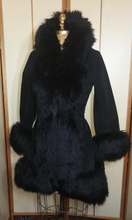 Load image into Gallery viewer, Lilli Ann London 70s Black Suede Shearling Lamb Almost Famous Fit and Flare Russian Princess Petite Penny Lane Coat Small