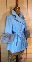Load image into Gallery viewer, Vintage Coat Jacket- Lilli Ann 60s Baby Blue Mod Cape Fox Fur Bell Sleeve Angel Sleeve Light Spring Princess Mad Men S/M