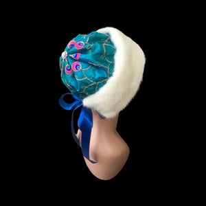 Himalayan Hat with Blonde Mink and Raw Silk Embroidered Peacock Crystal