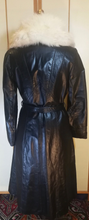 Load image into Gallery viewer, 70s Black Leather and Silver Fox Fur Collar Trench Spy Coat S/M Fit and Flare Princess