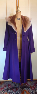 Women's Vintage Coat- 40s Royal Purple Wool Princess Fit and Flare Double Breasted Sheared Ombre Fur Collar Film Noir Pinup