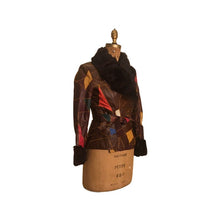 Load image into Gallery viewer, 70s Patchwork Leather Jacket Fur Trim Short Fit Flare Belted Boho Hipster Hippy Fitted