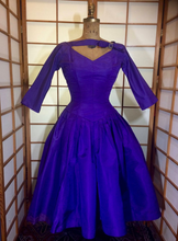 Load image into Gallery viewer, 50s Purple Dress--Taffetta Pinup Audrey Hepburn Sabrina! Pleated Full Skirted Double Layered Crinoline 3/4 Sleeves Dress S/XS