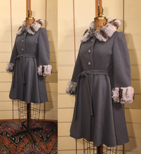 Load image into Gallery viewer, Vintage Coat Gray 60s Lilli Ann Wool with Soft Fur Trim, Classic Princess Style Fit Flare Career or Evening Out