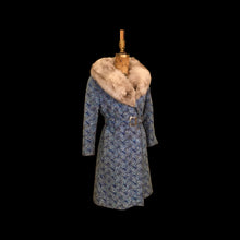 Load image into Gallery viewer, 60’s 70’s Blue Carpet Coat Needlepoint Tapestry with Norwegian Fox Fur Belted