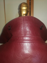Load image into Gallery viewer, Vintage 70s Leather Coat with Removable Silver Fox Fur Collar Spy Trench Belted Fit and Flare Burgundy Oxblood Maroon Reddish Brown M/L