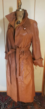 Load image into Gallery viewer, Deadstock with Tags New 70s Caramel Mocha Leather Trench Coat Spy Fit and Flare Princess Boho Chic S/M