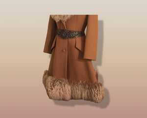 60’s Caramel Lilli Ann Shearling Fit and Flare Princess Coat with Belt Clutch Purse Set Beaded