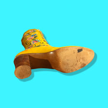 Load image into Gallery viewer, Iconic 70’s Mustard Yellow Suede Floral Embroidered Boots size 7 Wooden Heel