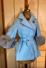 Load image into Gallery viewer, Vintage Coat Jacket- Lilli Ann 60s Baby Blue Mod Cape Fox Fur Bell Sleeve Angel Sleeve Light Spring Princess Mad Men S/M