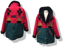 Load image into Gallery viewer, Red Black Gold Aztec Design Fuzzy Faux Fur Collar Patchwork Suede and Nylon Jacket
