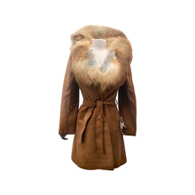 Load image into Gallery viewer, Deadstock Suede and Red Fox Fur Coat 70’s Fit Flare Wrap Style Rust Orangey Brown Color