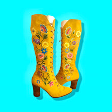 Load image into Gallery viewer, Iconic 70’s Mustard Yellow Suede Floral Embroidered Boots size 7 Wooden Heel