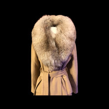 Load image into Gallery viewer, Camel Beige Tan Wrap Coat with Silver Fox Collar