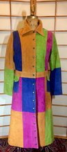 Load image into Gallery viewer, Suede ColorBlock Rainbow Coat--- Leather Patchwork Trench Spy Coat 70s Hippy Joseph and the Amazing Technicolor Dreamcoat--S/M Boho