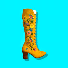 Load image into Gallery viewer, Iconic 70’s Mustard Yellow Suede Floral Embroidered Boots size 7 Wooden Heel