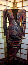 Load image into Gallery viewer, 80s 90s Dress Asian Mosaic Metallic Dress Copper Metallic Italian Made High Glam Couture Shiny Dress XS