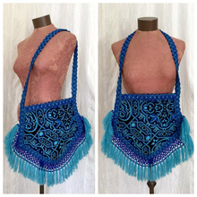 Load image into Gallery viewer, Blue Green Poncho/Cape/Purse Set Carpet Tapestry Brocade Knit Wool Hippy Chic One Size Ethnic